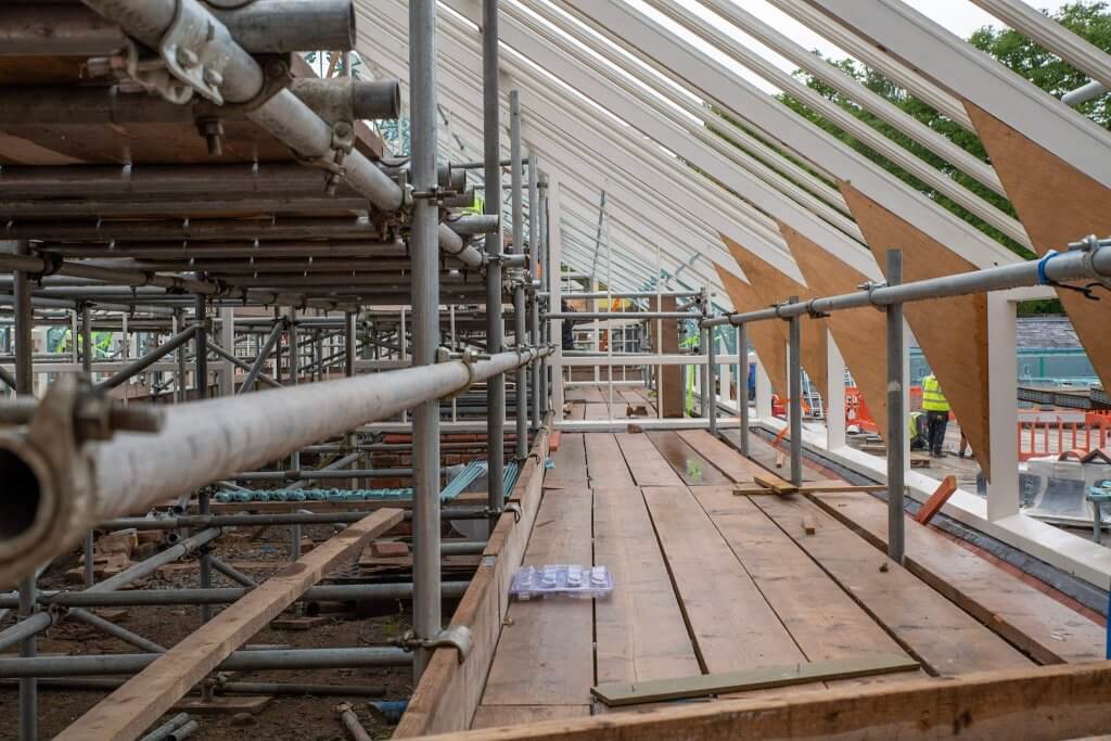 A picture taken high up on scaffold erected inside the glasshouses. A picture for the glasshouses restoration gallery.