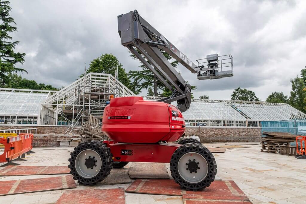 Picture of cherry picker on site at the conservatory restoration. Now part of the glasshouses restoration gallery.