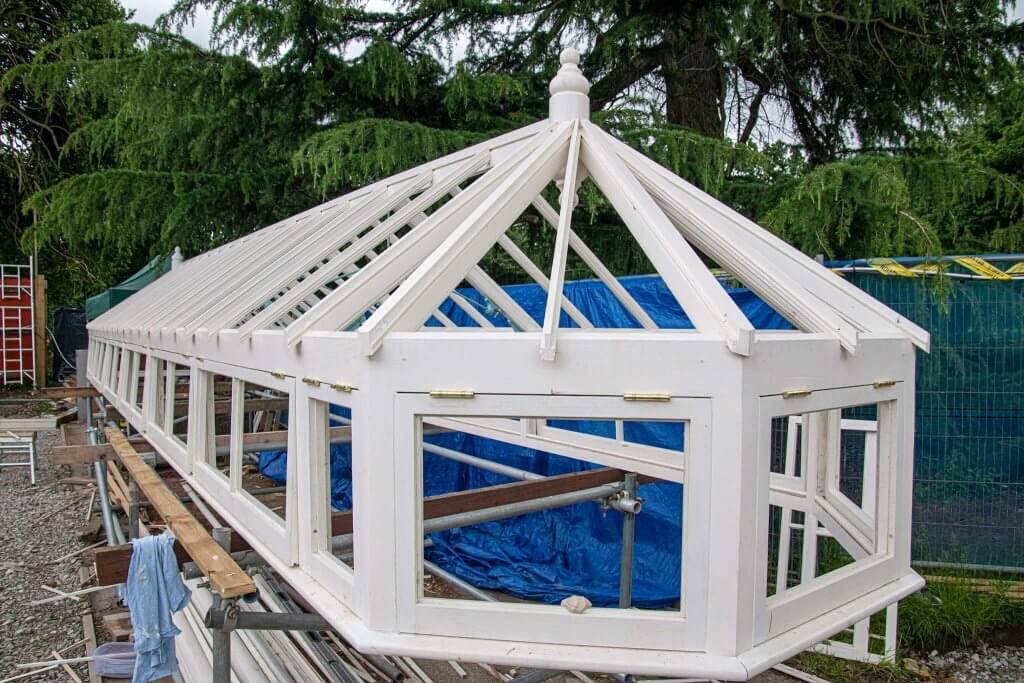 Timber frames on the top of the restored glasshouses. Part of the glasshouses restoration gallery.