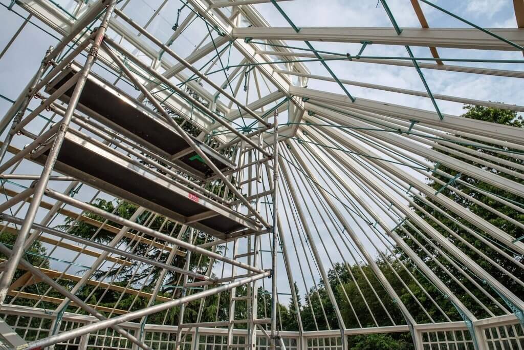 View of the timer frames from inside the glasshouses. Picture taken for the glasshouses restoration gallery