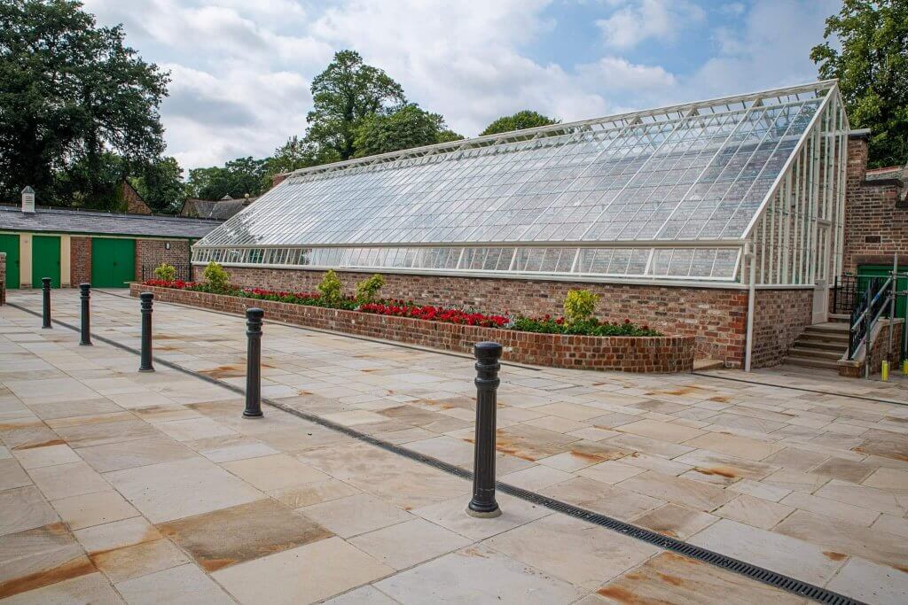 The completed conservatory viewed from the shippon yard. Picture part of the glasshouses restoration gallery.