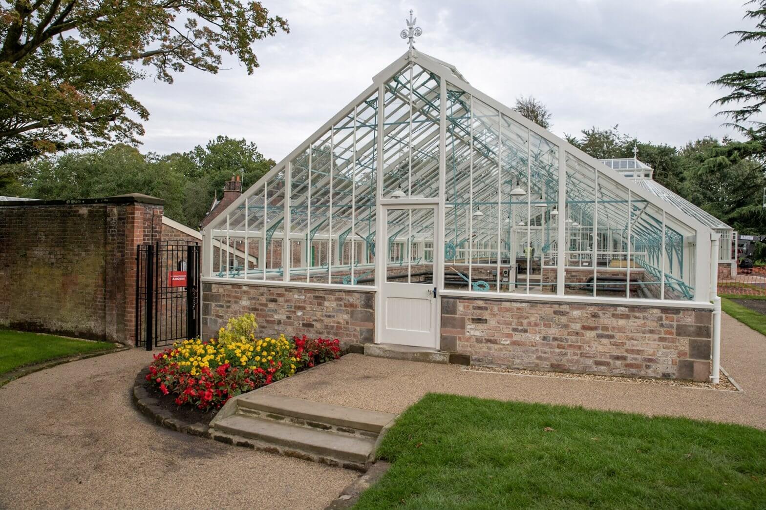 The side entrance to the glasshouses at Walton Hall and Gardens