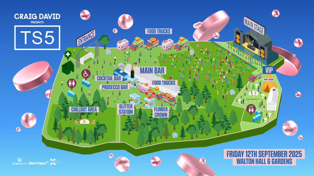 Map of the event site for Craig David at Walton Hall and Gardens, showing where the stage will be located, where the bars are, food trucks etc.