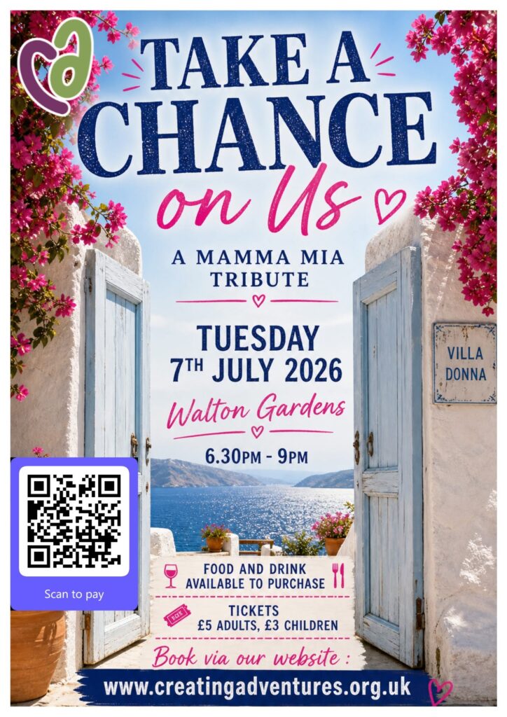 Poster promoting the Take a Chance on Us, Mamma Mia Tribute event. This features a Grecian style gate overlooking the ocean in the sunshine.
