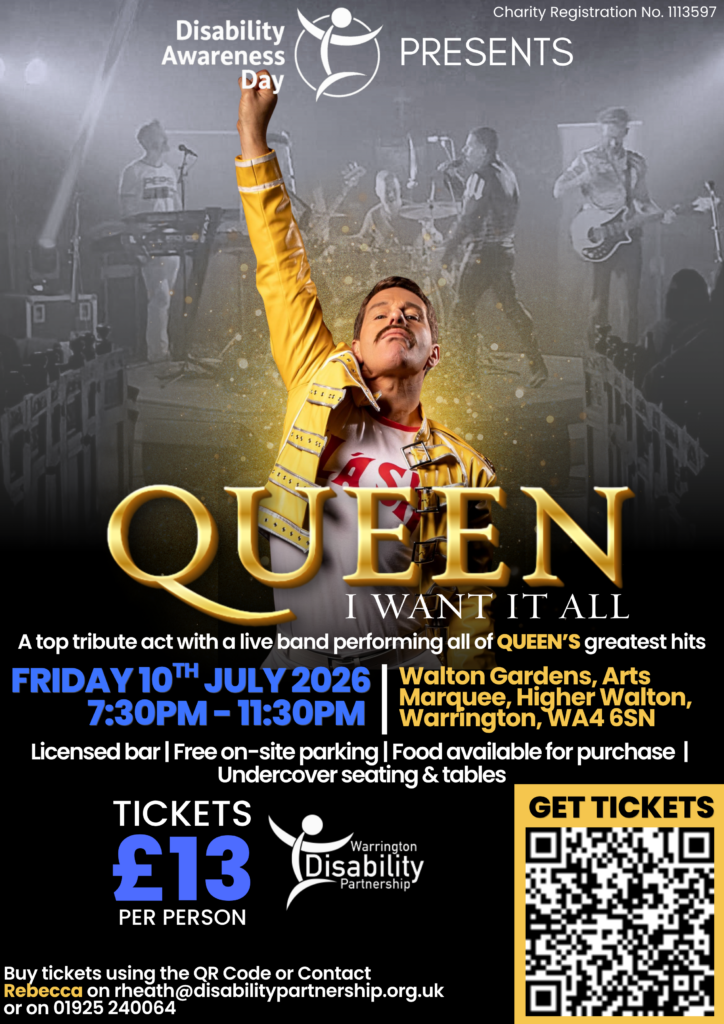 Poster promoting the Queen tribute event. Featuring an image of a Freddie Mercury lookalike standing with his arm in the air, in tribute to Freddie's iconic pose.