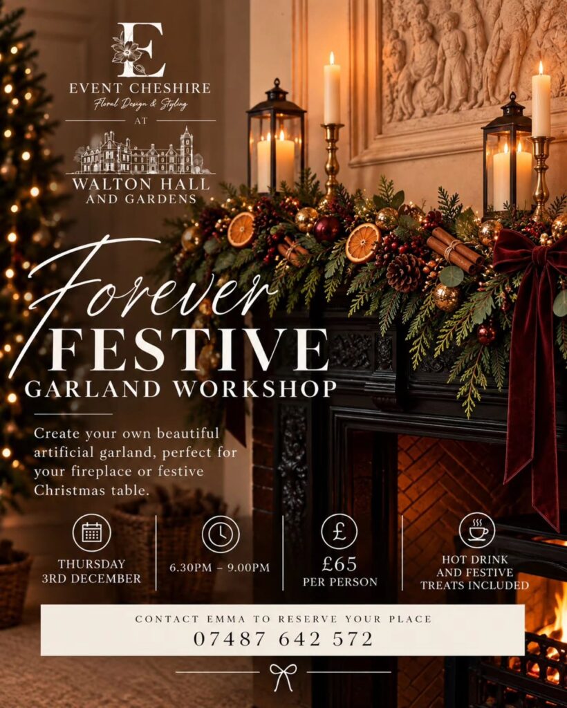 A full garland rests atop the fireplace at Walton Hall. The garland is decorated in dried fruit, acorns, cinnamon and red velvet bows. Lanterns and candles are placed on top of the mantle piece with a glimmer of a lit up christmas tree in the background. The image also includes the event details listed on the web page.